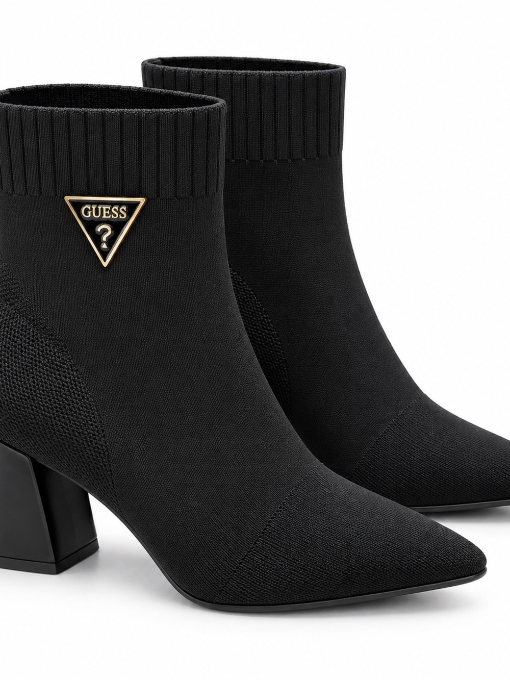 GUESS Black Knit Pointed Sock Booties with Gold Triangle Logo